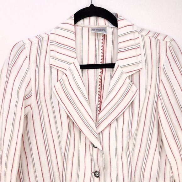 Chico's 100% Linen Button Blazer Jacket Minimalist Size 0 (S/4) Beige Striped - Picture 3 of 9